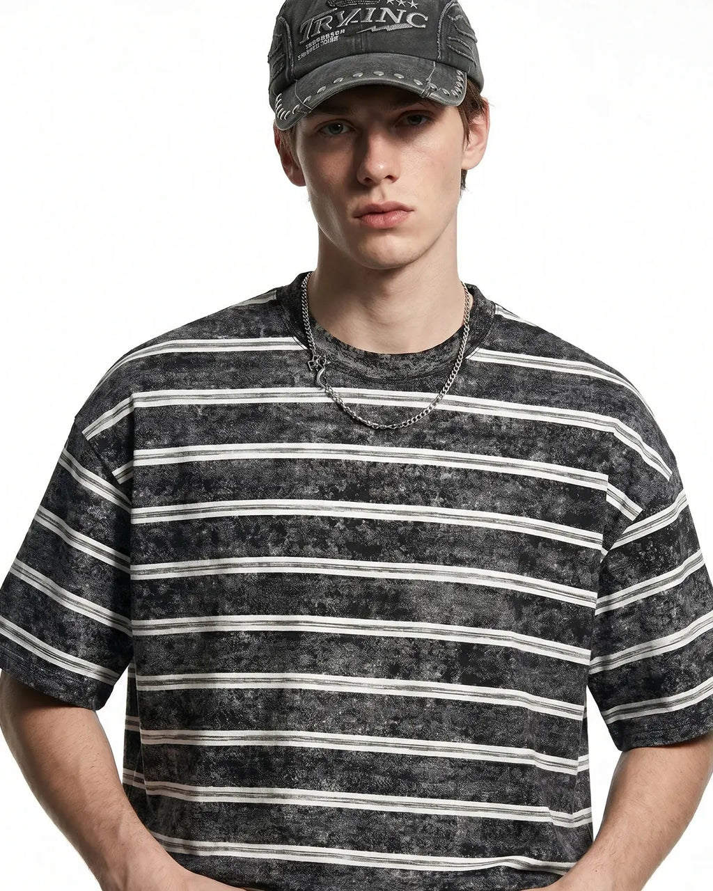 Vintage washed striped boxy T-shirt by Inflation Streetwear featuring a casual, relaxed fit with blue and white horizontal stripes.