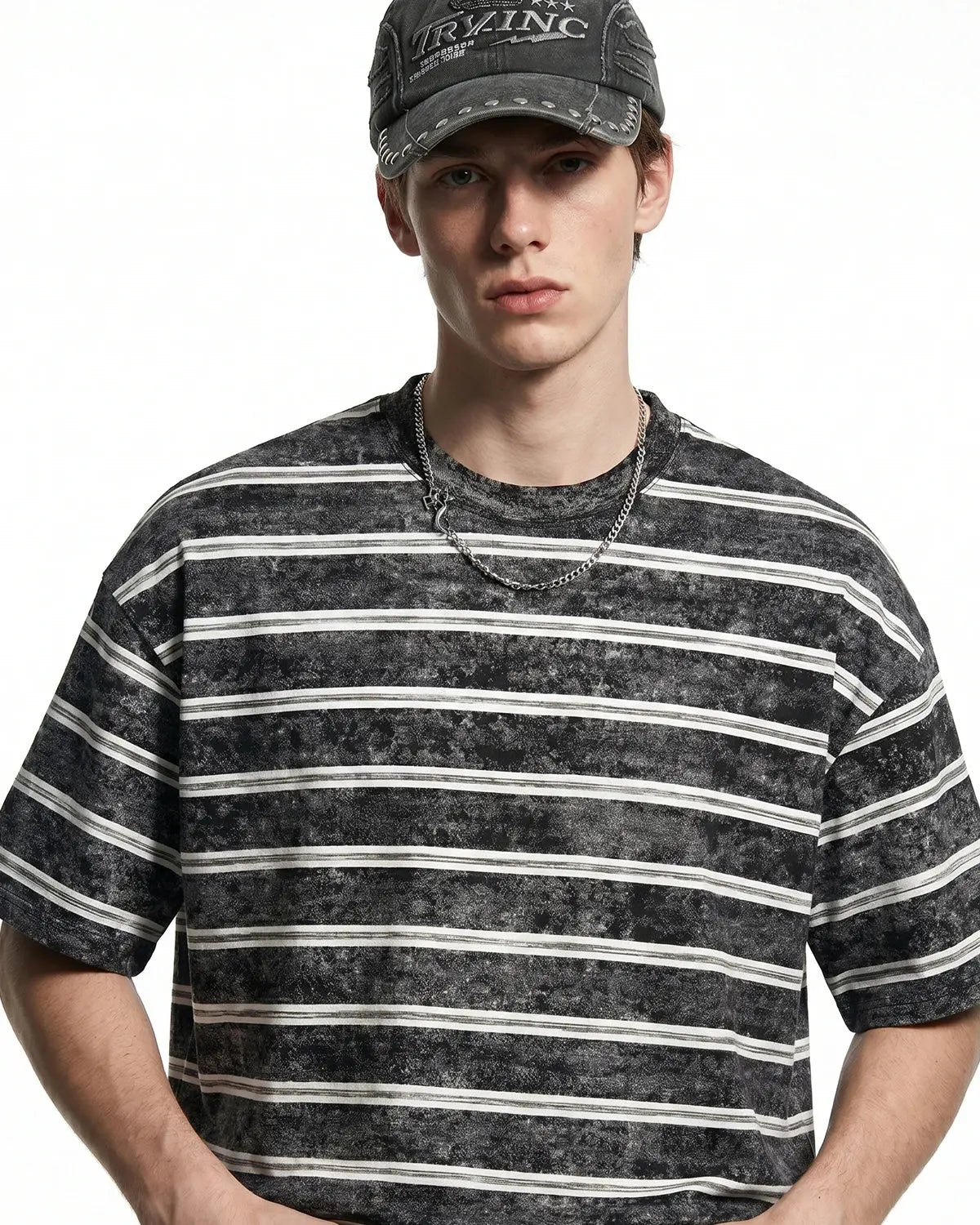 Vintage washed striped boxy T-shirt by Inflation Streetwear featuring a casual, relaxed fit with blue and white horizontal stripes.