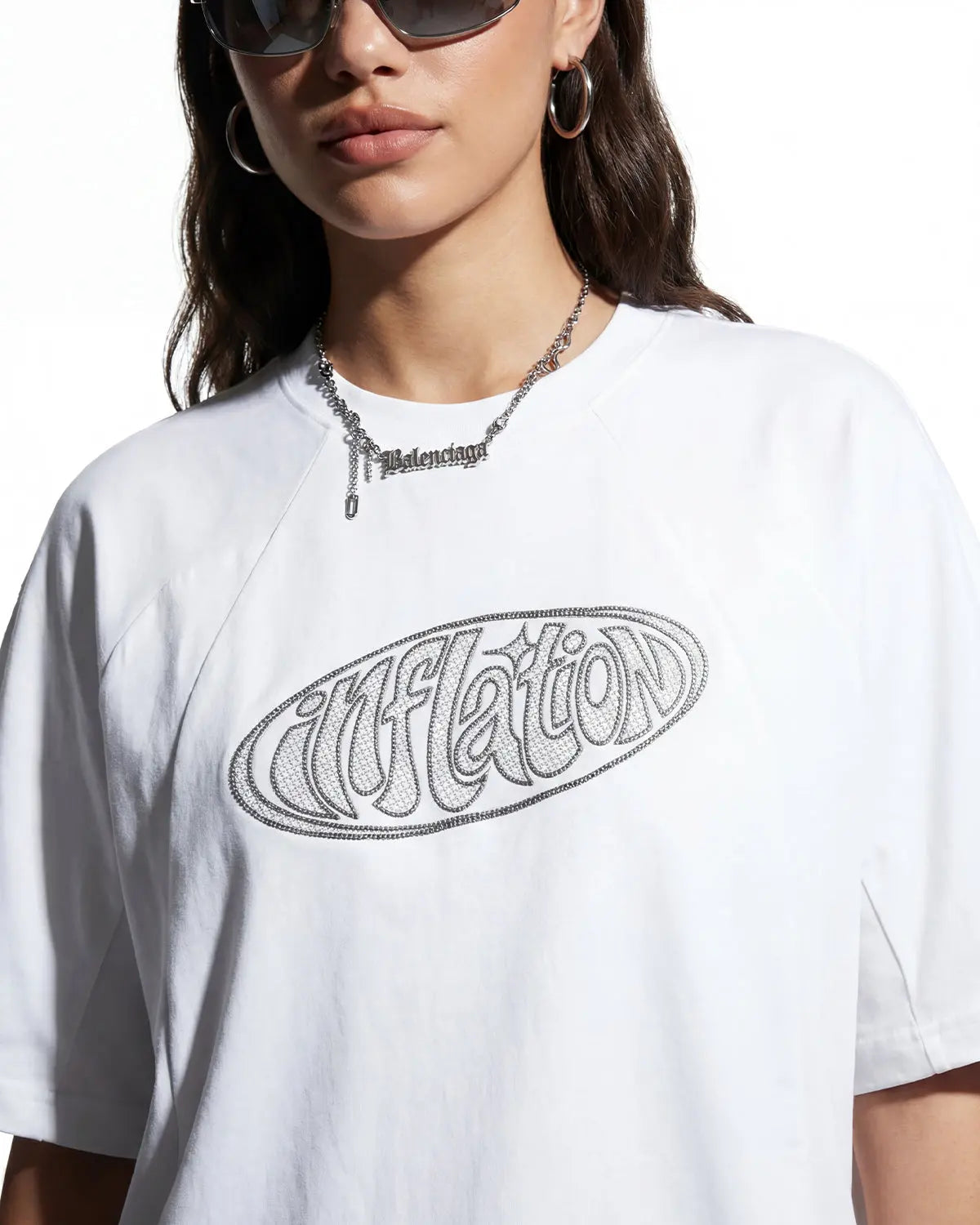 Hollow embroidered graphic T-shirt by INFLATION Streetwear featuring intricate embroidery and modern street style design.