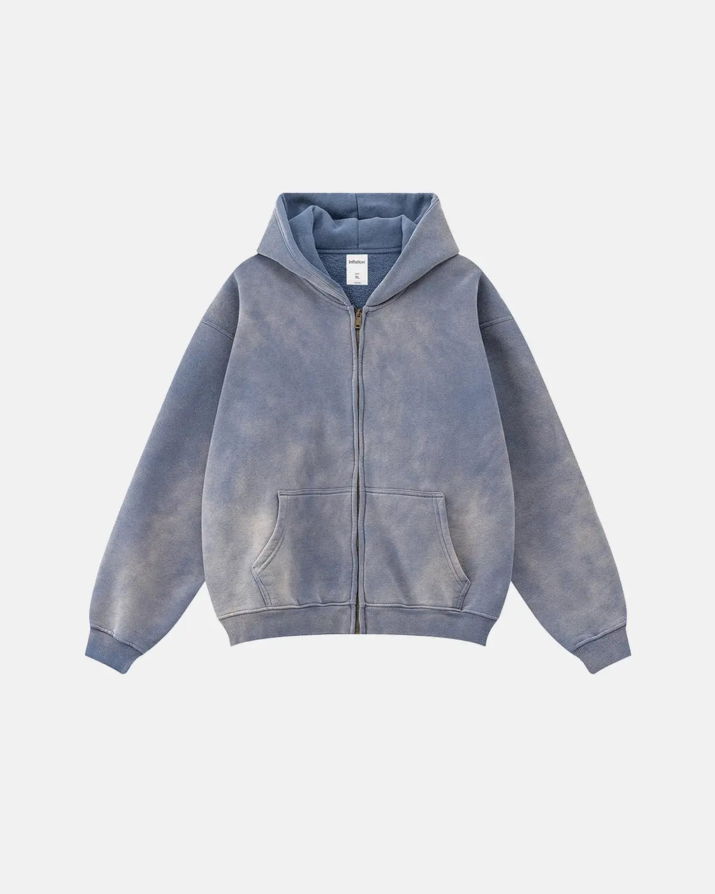 Acid washed zip-up hoodie from Inflation Streetwear, featuring a casual fit with distressed details and a front zipper.