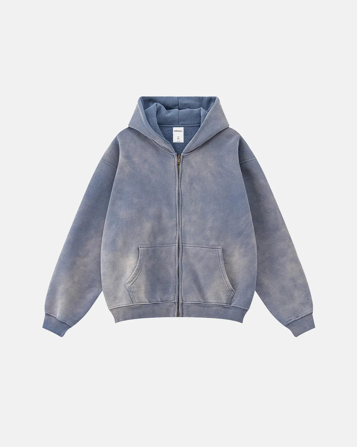 Acid washed zip-up hoodie from Inflation Streetwear, featuring a casual fit with distressed details and a front zipper.