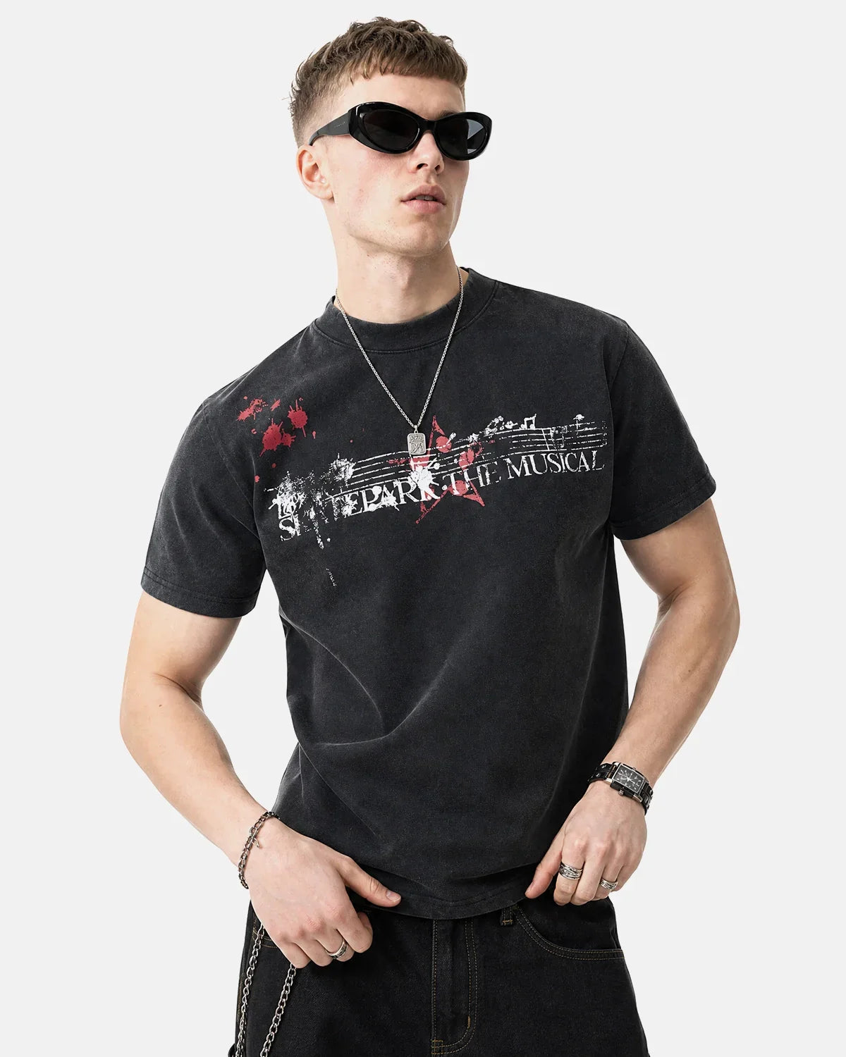 Acid washed Music Graphic T-shirt by INFLATION with bold musical notes and vibrant design on soft cotton fabric.
