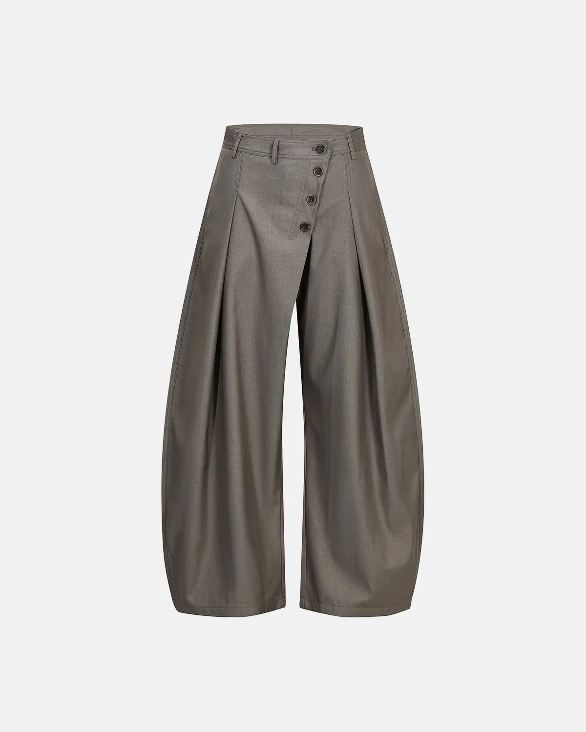 Asymmetric pleated barrel-leg suit pants by INFLATION, featuring stylish pleats and a modern, tailored fit.