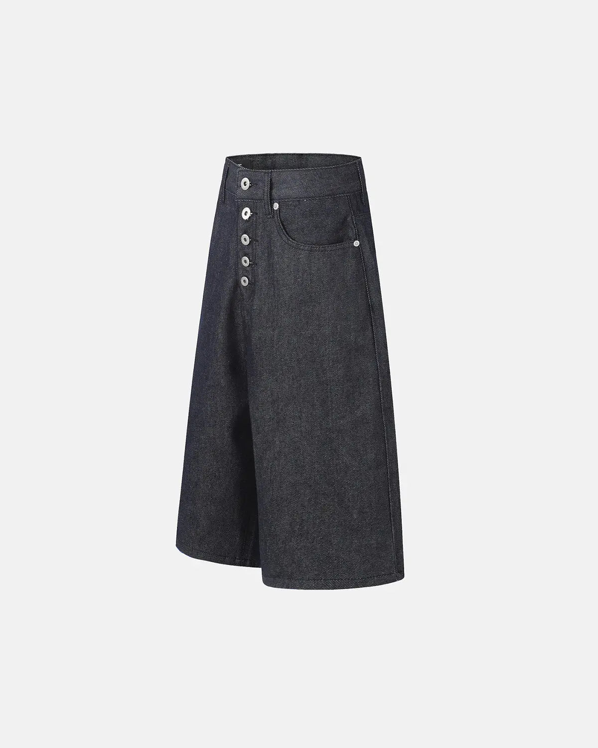 Baggy denim jorts with button details from Inflation Streetwear, featuring distressed fabric and relaxed fit jeans.