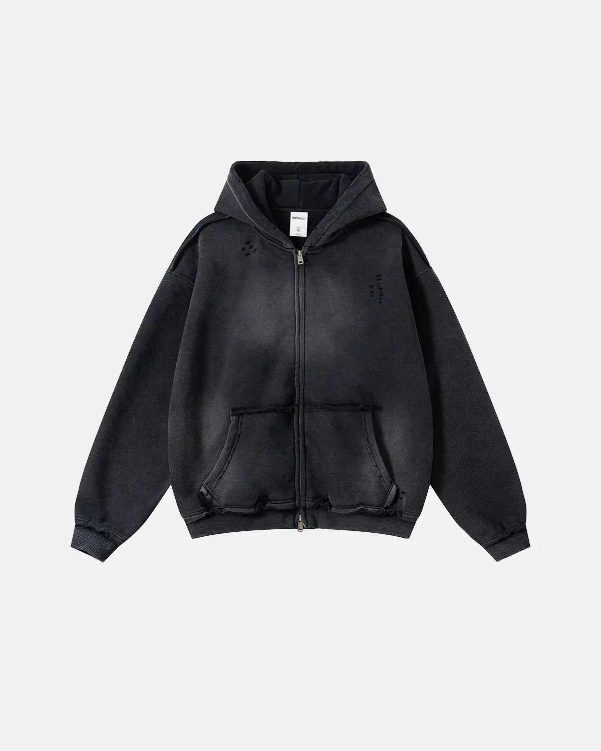 Inflation Monkey Wash Ripped Zip Up Hoodie showing distressed fabric, zipper front, and casual streetwear style in a close-up shot.