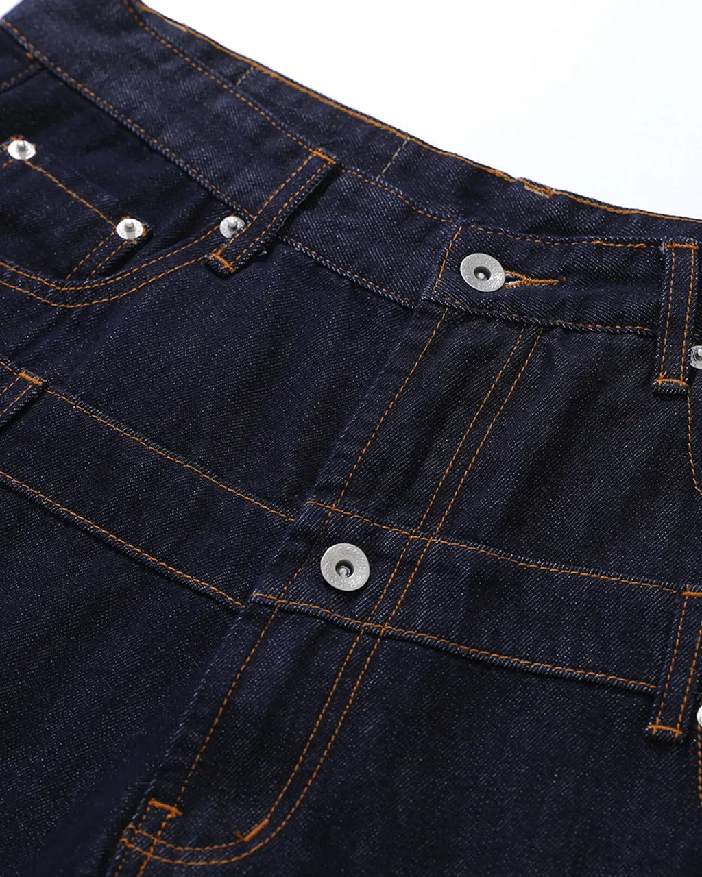 Inflation Double Waist Rivet Baggy Jorts, denim pants with rivet accents and a relaxed fit, casual streetwear style.
