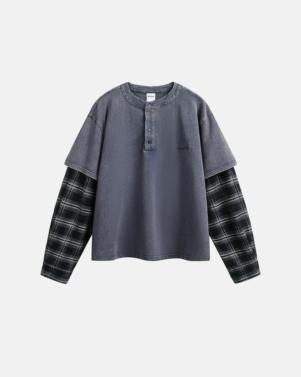 Distressed plaid layered long sleeve tee by INFLATION Streetwear, featuring a casual, layered design with a distressed plaid pattern.
