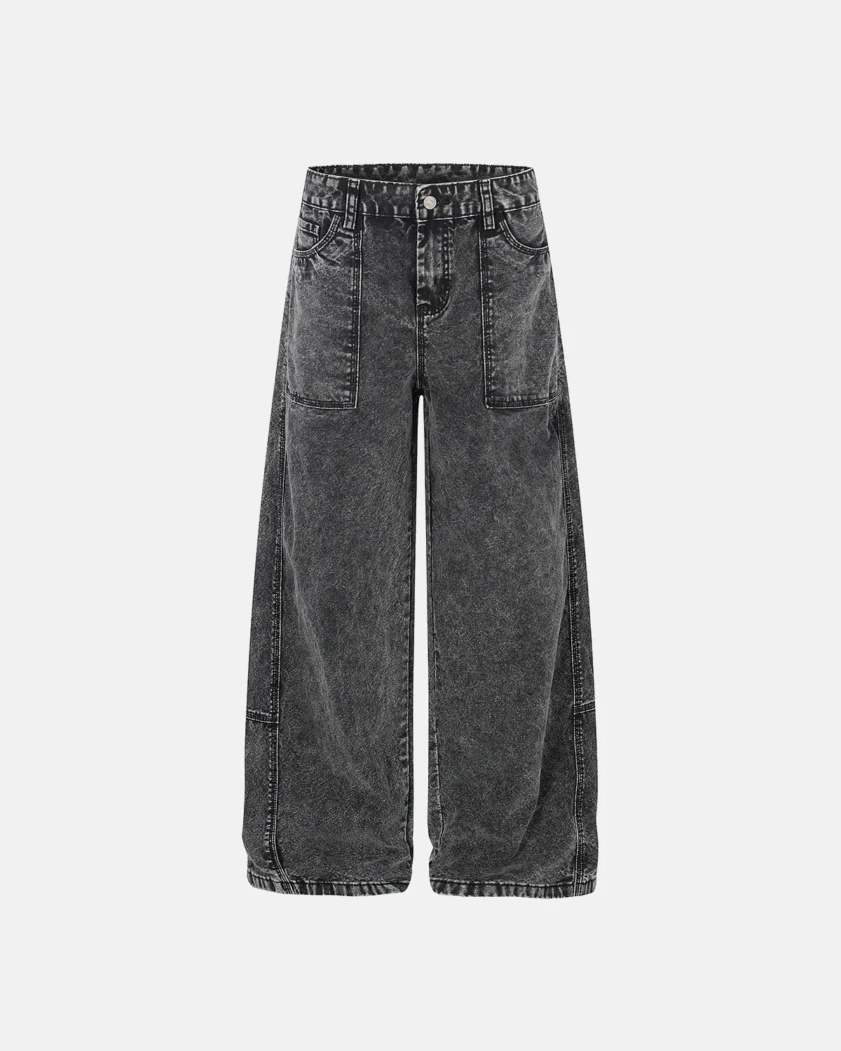 Deconstructed distressed barrel jeans by INFLATION featuring ripped fabric, faded denim, and unique streetwear style.