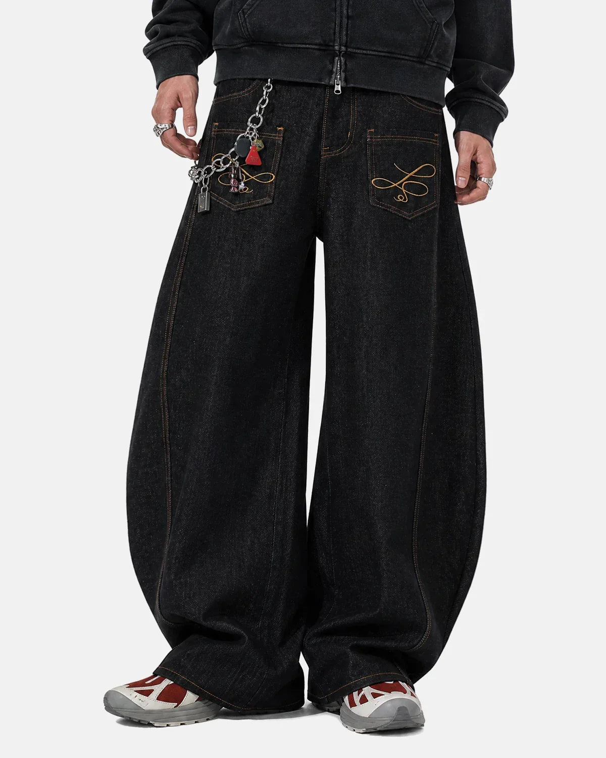 Inflation Streetwear pocket embroidery raw barrel jeans showing distressed denim with front and back pockets, casual streetwear style.