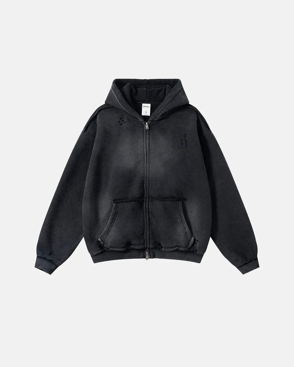 Inflation Streetwear Monkey Wash Ripped Zip Up Hoodie featuring distressed fabric and a casual, urban style.