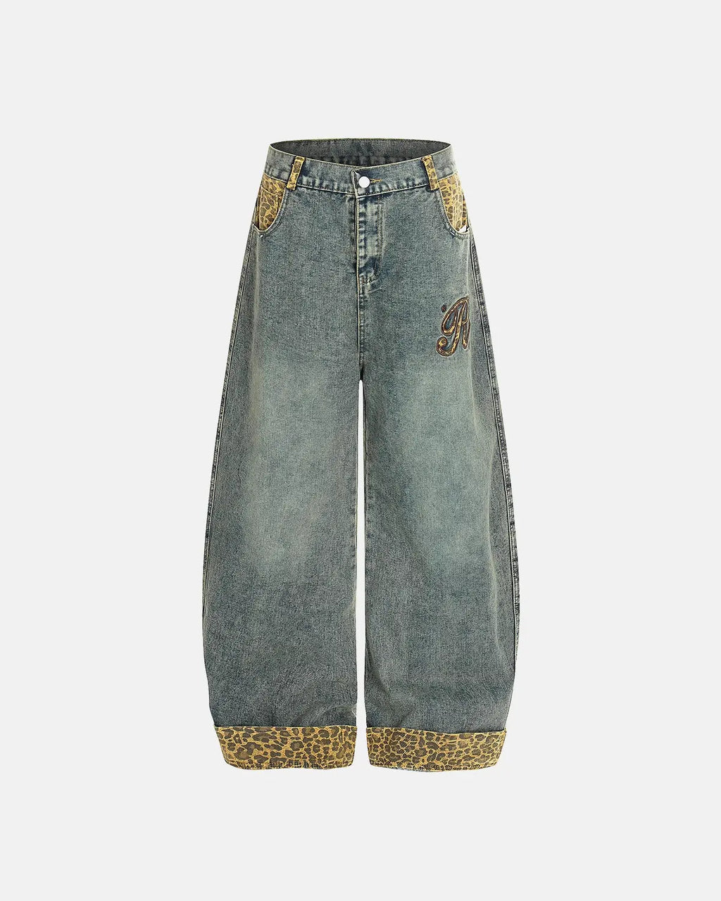 Leopard patchwork embroidery baggy jeans by INFLATION, featuring distressed denim and streetwear style with colorful patches.