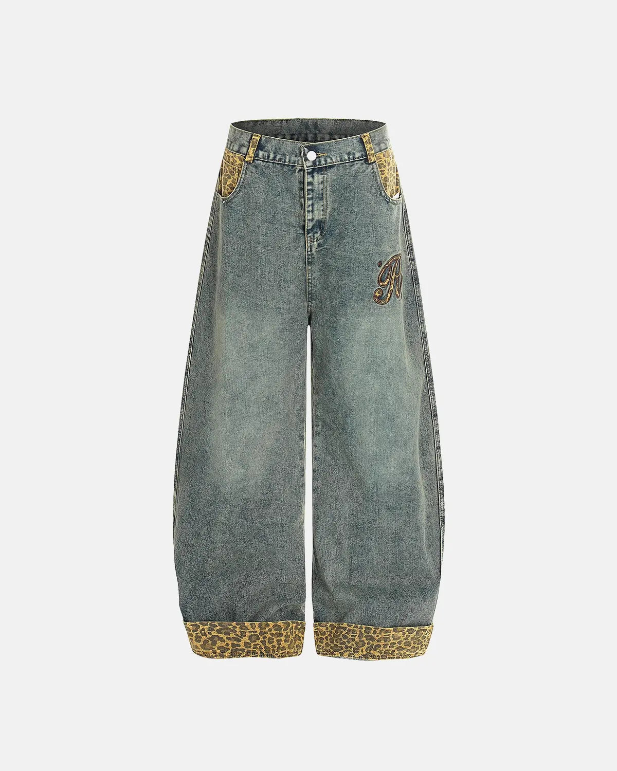 Leopard patchwork embroidery baggy jeans by INFLATION, featuring distressed denim and streetwear style with colorful patches.