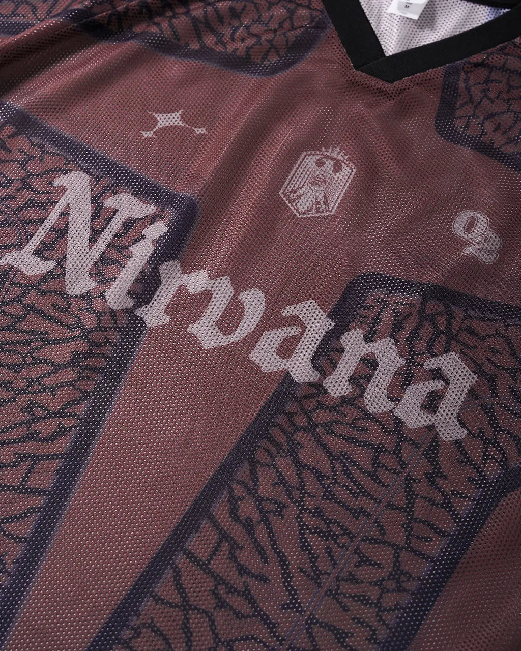 Inflation Streetwear tribal pattern mesh jersey T-shirt featuring bold tribal designs and breathable mesh fabric.