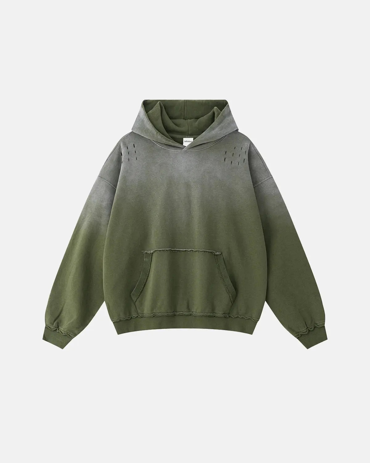 Inflation Streetwear Monkey Wash Ripped Hoodie featuring distressed fabric and casual style, displayed on a hanger.
