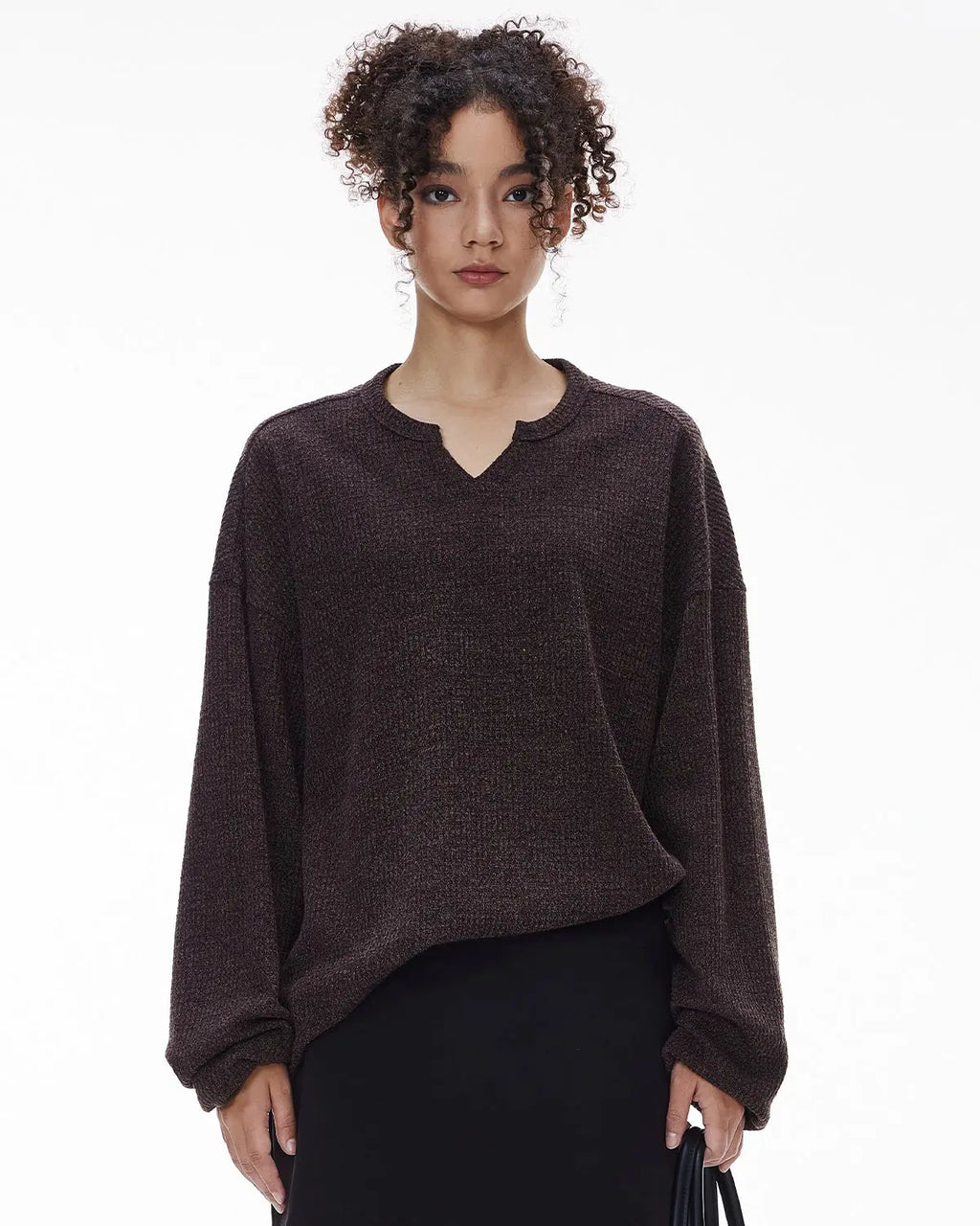 Inflation Streetwear V-neck long sleeve waffle tee in black, featuring a textured knit fabric and relaxed fit.
