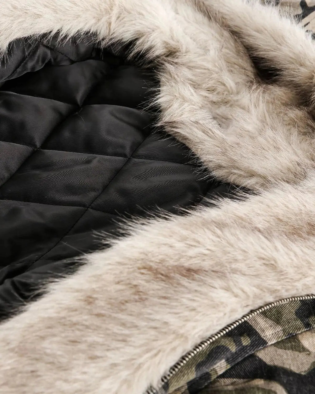 Camo faux fur padded hooded jacket by INFLATION Streetwear, featuring a cozy faux fur lining and camouflage pattern for street style