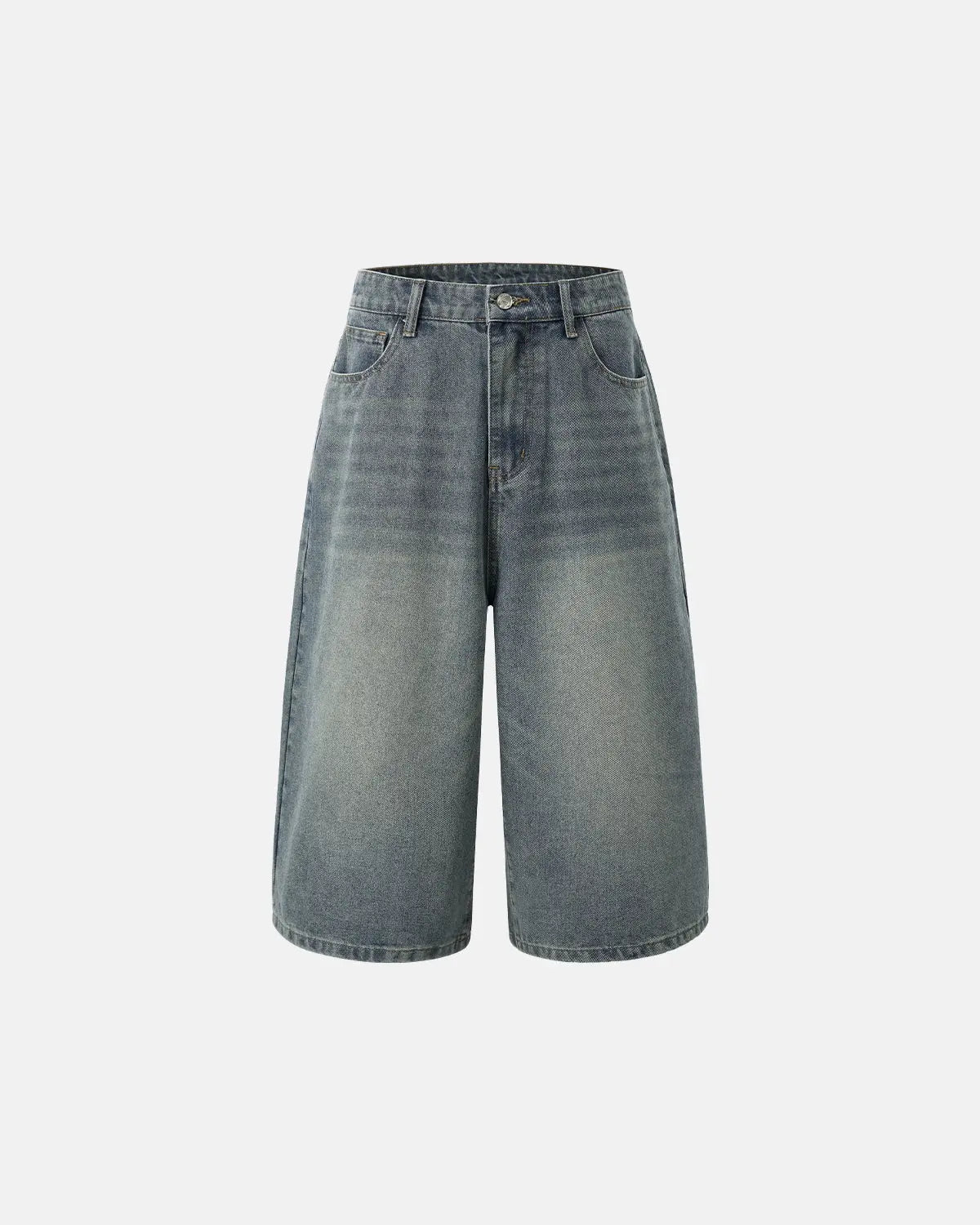 Washed baggy longline jorts pants by INFLATION Streetwear, featuring relaxed fit and distressed denim style.