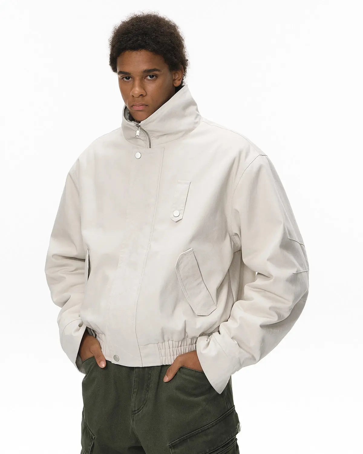 INFLATION Faux Shearling Lining Lambswool Jacket showing the cozy, textured shearling interior and stylish outer design.