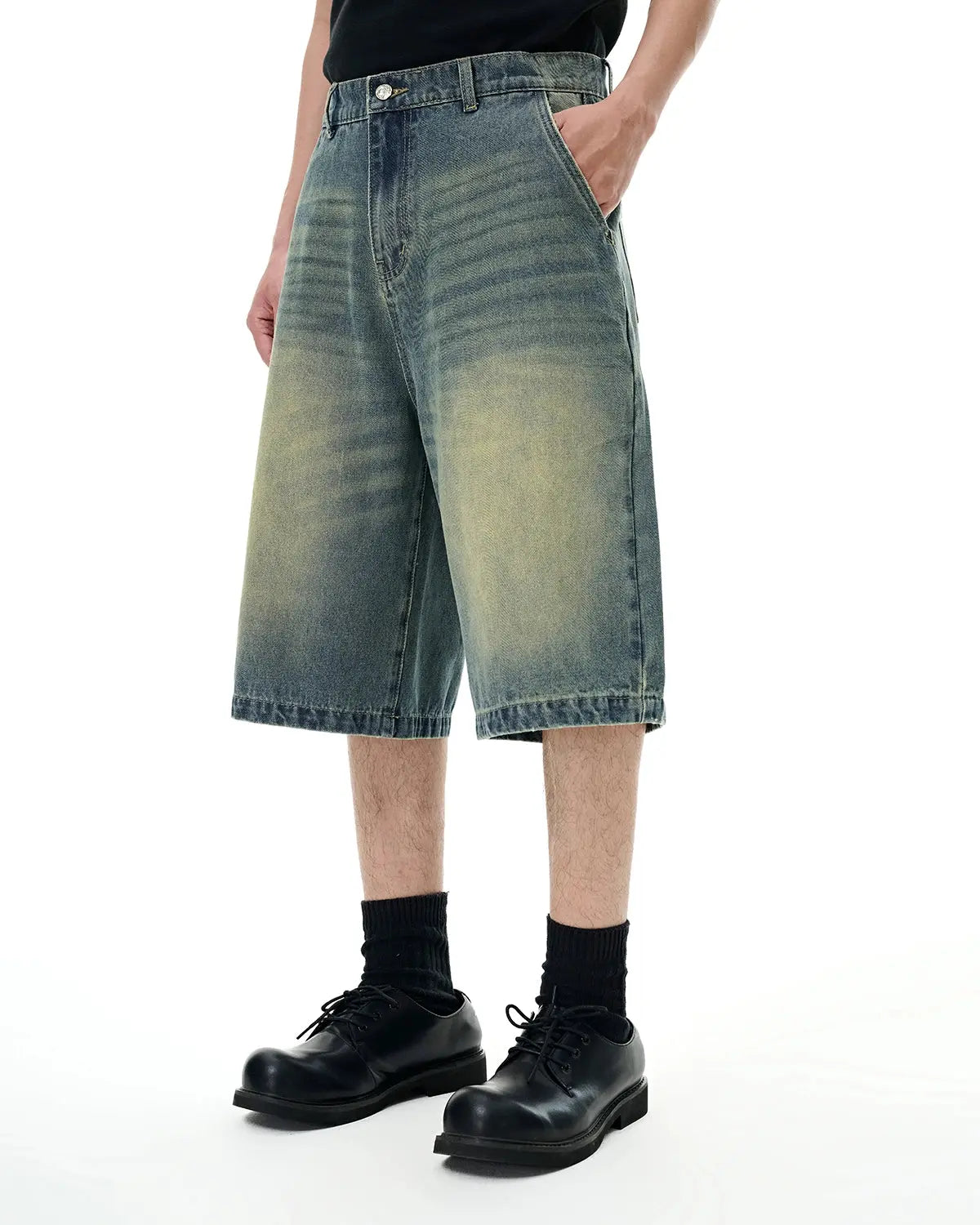 Retro washed denim shorts jorts by INFLATION Streetwear, featuring distressed detailing and a relaxed fit.