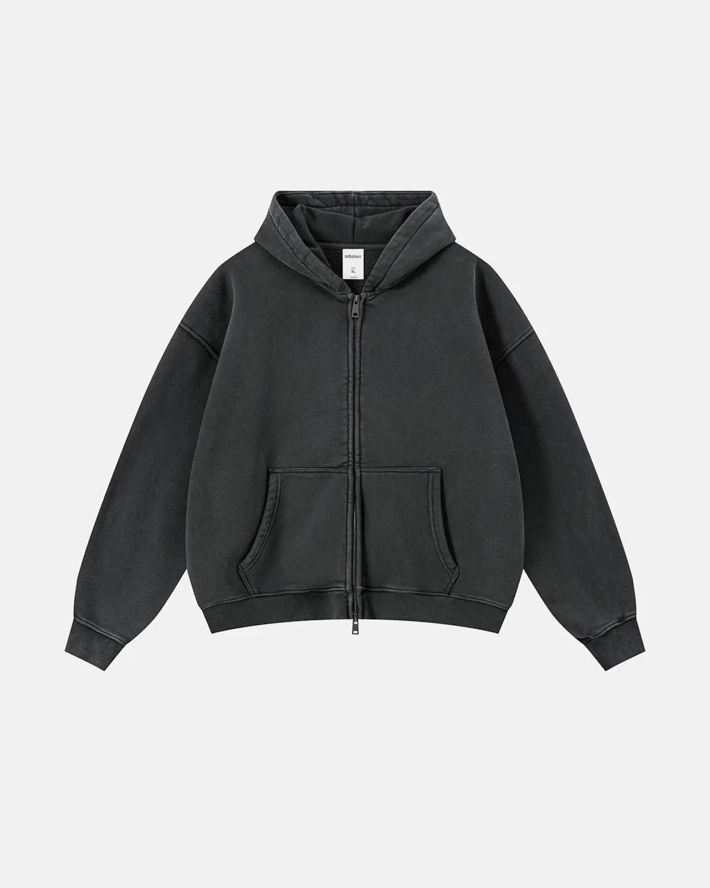 Vintage washed fleece boxy zip hoodie by INFLATION, featuring a relaxed fit and casual streetwear style.