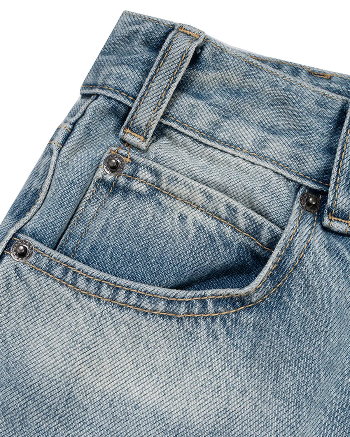 Light-wash frayed longline baggy jorts by INFLATION, featuring distressed denim and relaxed fit, styled casually.