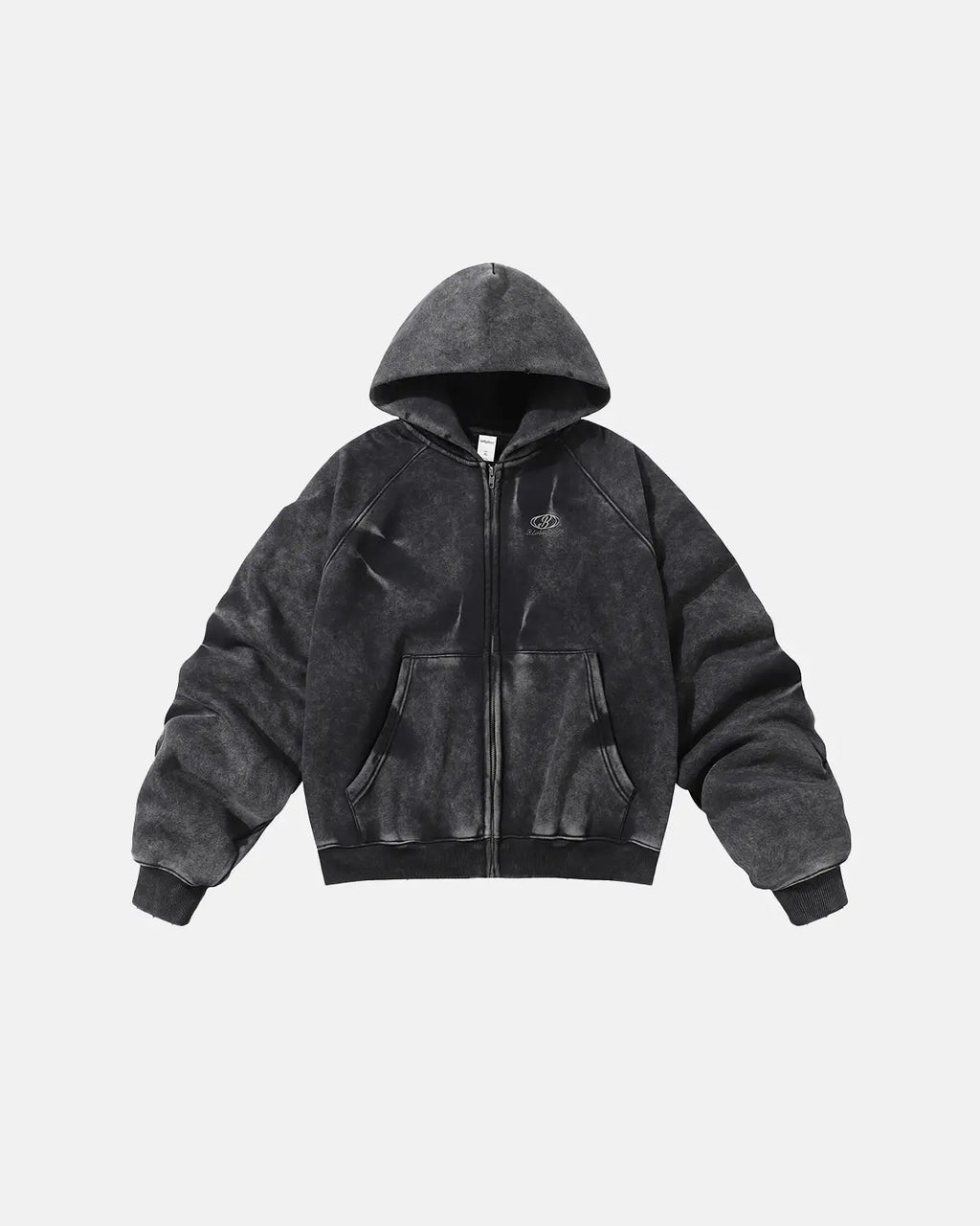 Inflation streetwear acid washed embroidery zip-up hoodie with front embroidery and casual fit, displayed on a hanger.