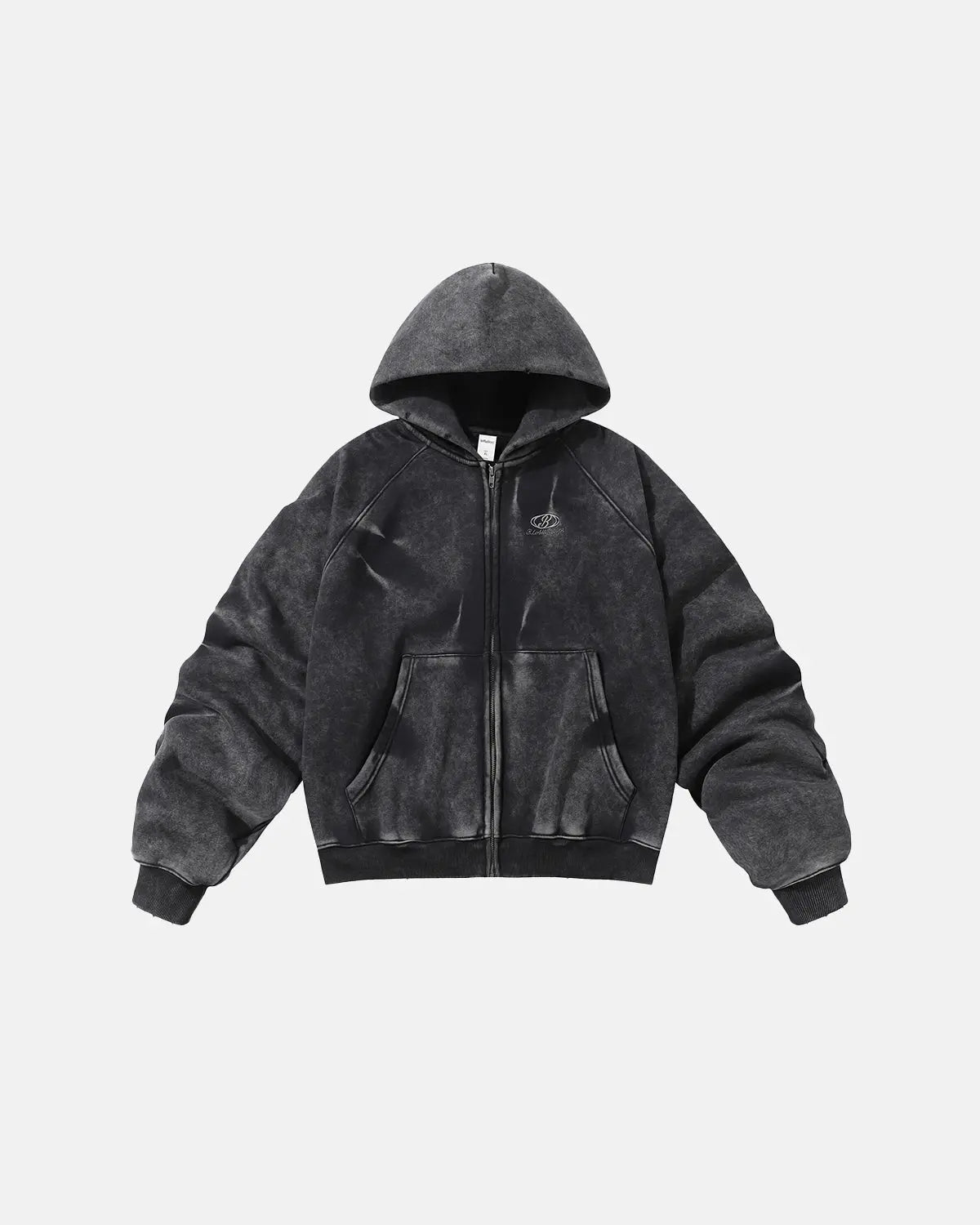 Inflation streetwear acid washed embroidery zip-up hoodie with front embroidery and casual fit, displayed on a hanger.