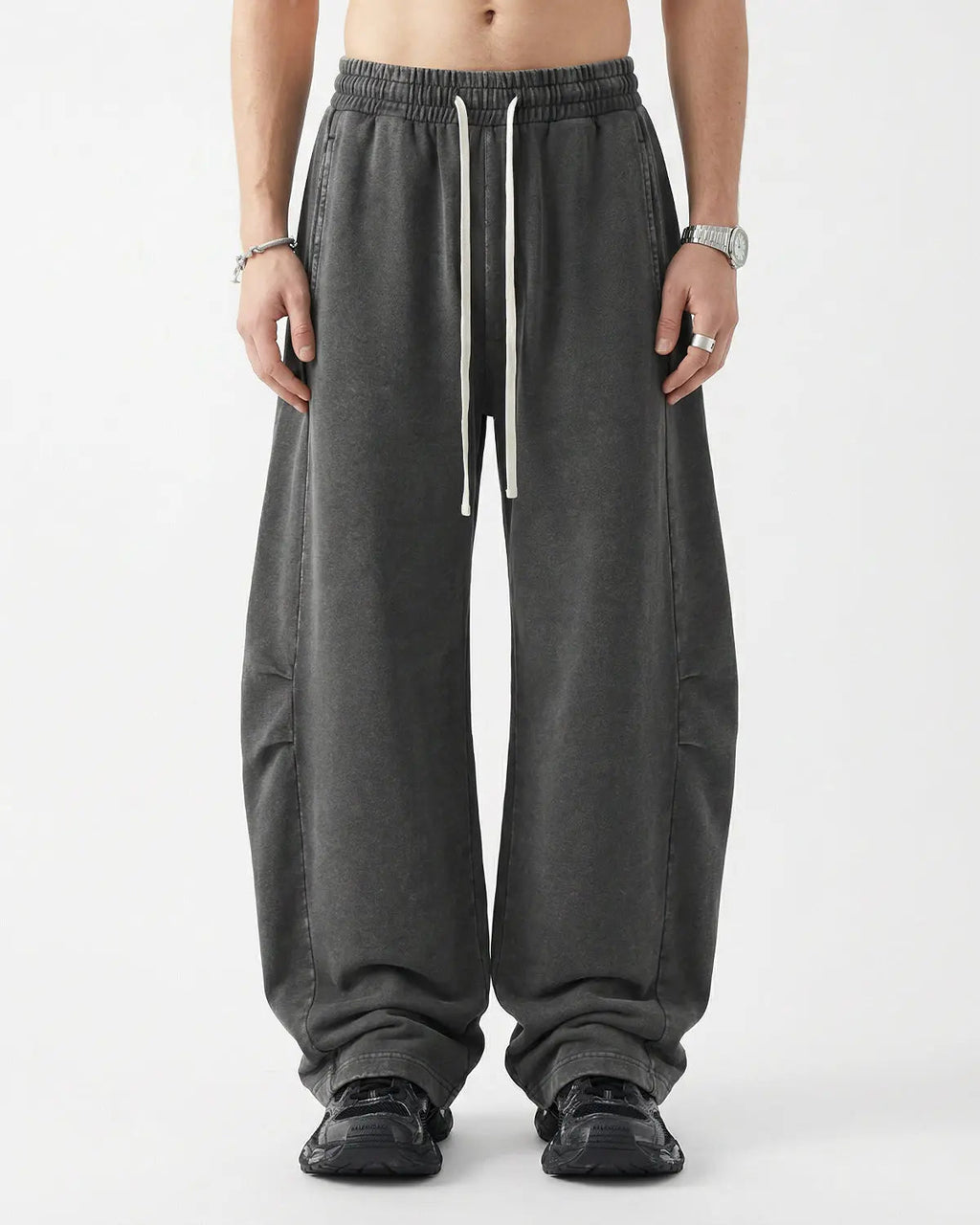 Distressed acid washed barrel sweatpants by INFLATION Streetwear, featuring a relaxed fit with a faded, vintage-inspired look.