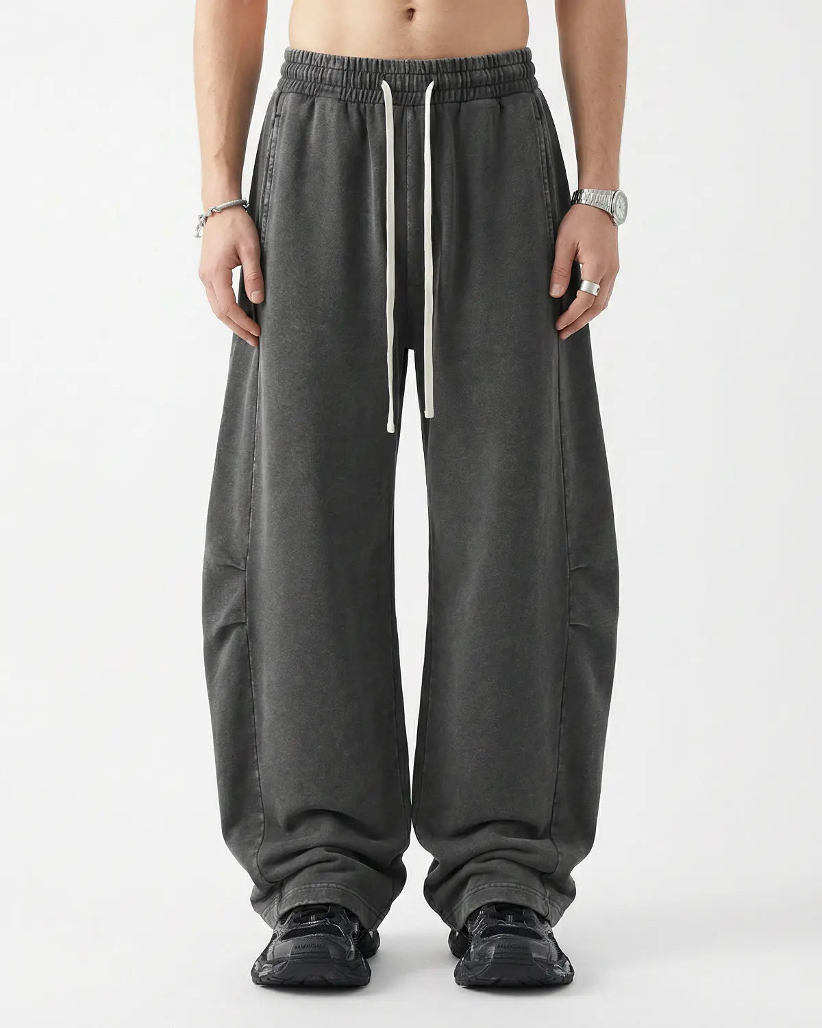 Distressed acid washed barrel sweatpants by INFLATION Streetwear, featuring a relaxed fit with a faded, vintage-inspired look.