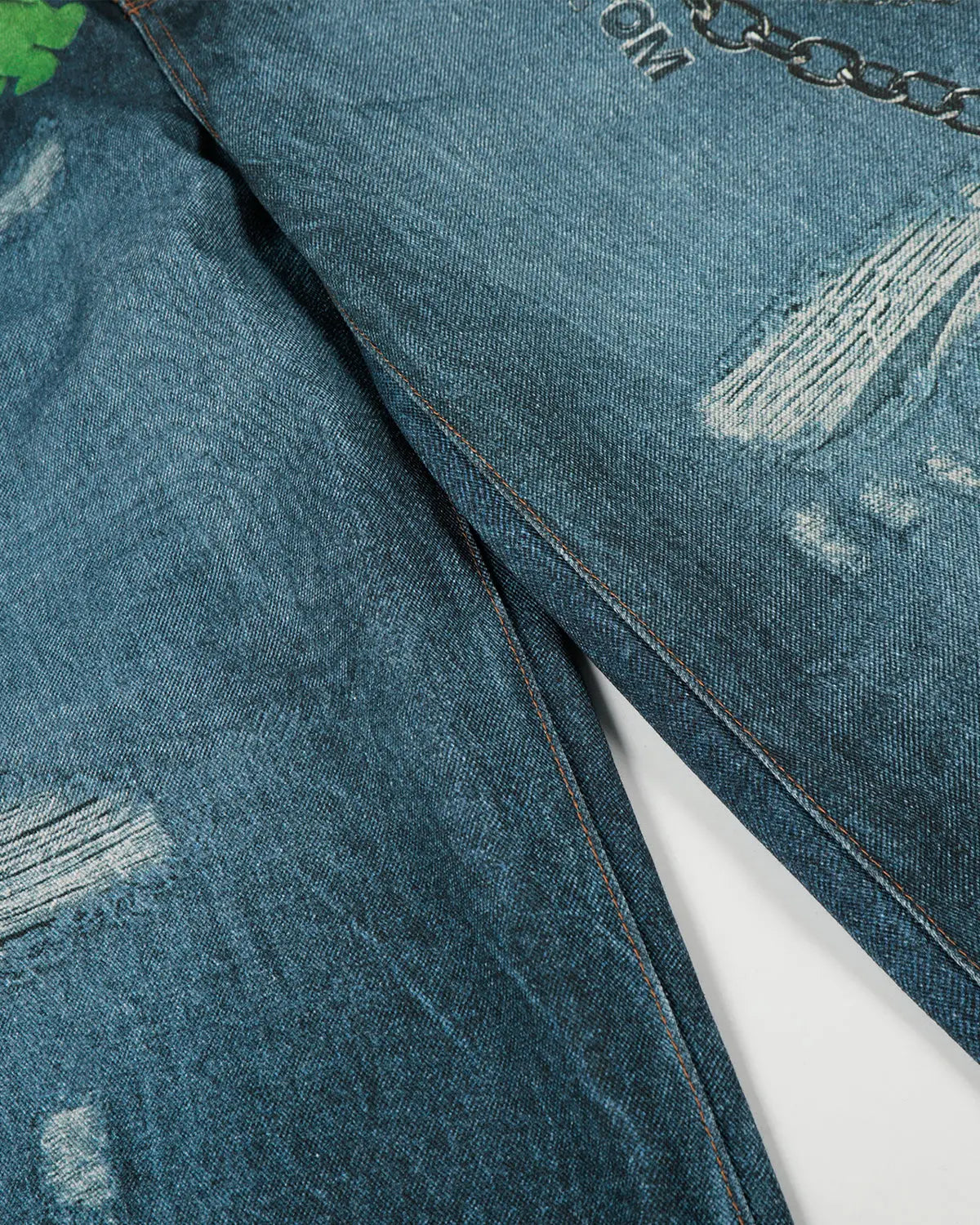 3D print chain barrel jeans by INFLATION featuring detailed chain patterns and streetwear style in denim fabric.