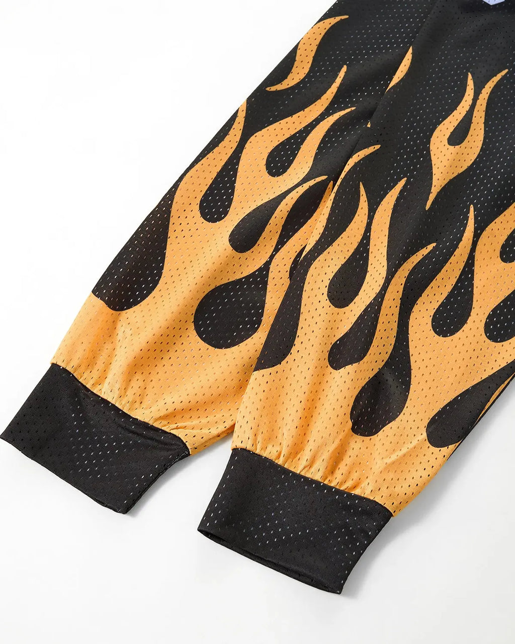 Inflation Streetwear NO.23 & Flame Print Mesh Tee featuring bold flame design on black mesh fabric.