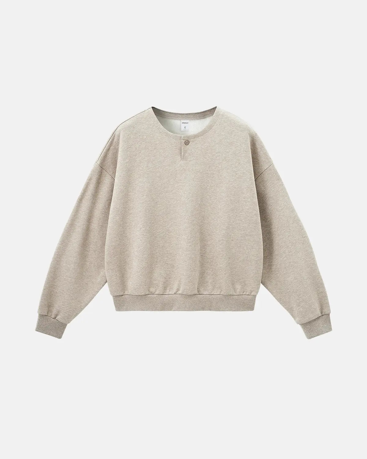 Boxy fit Henley collar sweatshirt by INFLATION Streetwear, featuring a relaxed fit and casual style in neutral fabric.
