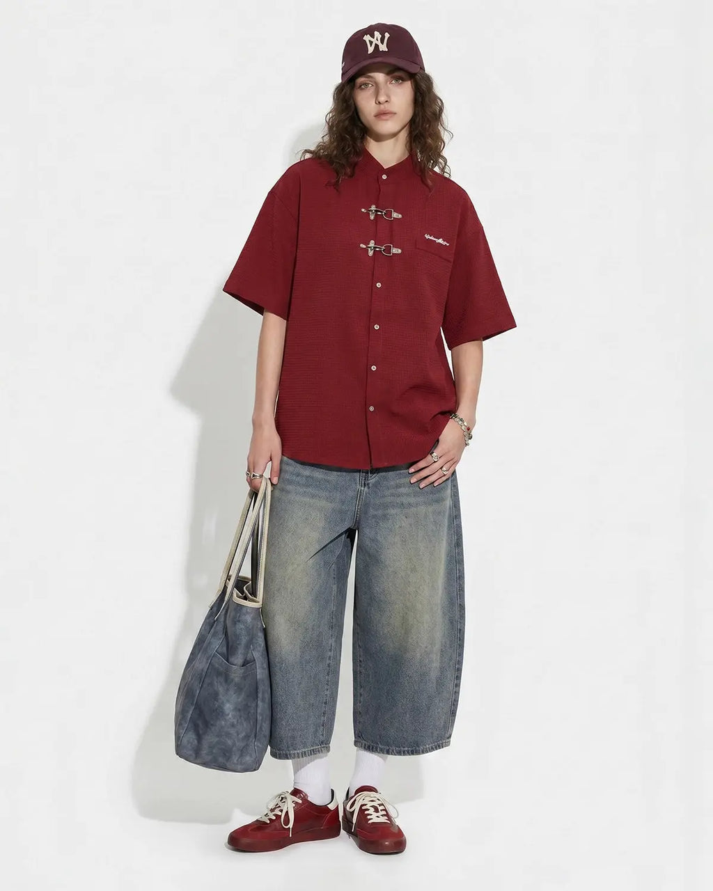 Inflation streetwear waffle shirt featuring metal clasp detail, casual long-sleeve shirt with textured fabric and modern design.