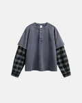 Distressed plaid layered long sleeve tee by INFLATION Streetwear featuring a casual, layered design with a distressed plaid pattern.