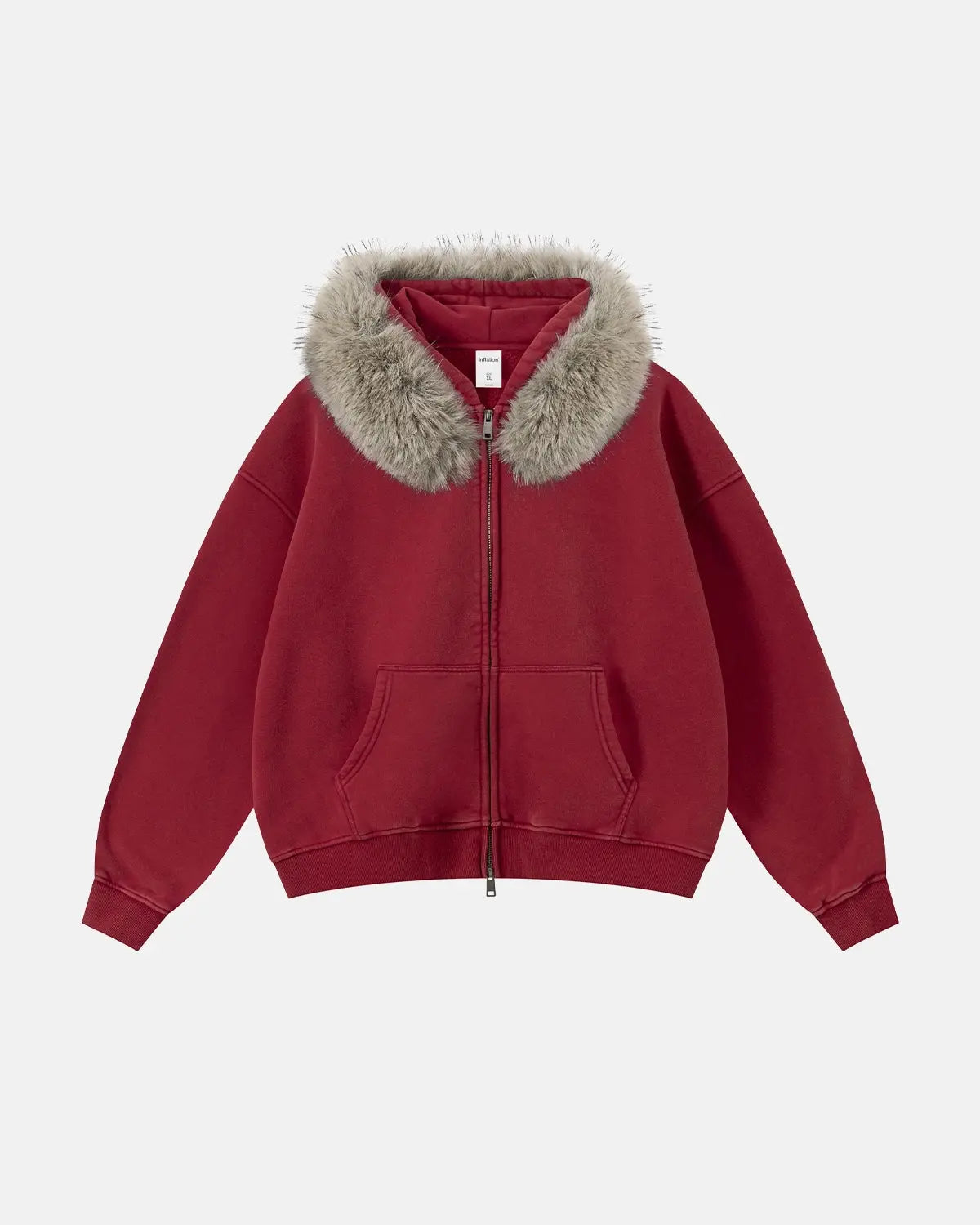 Inflation Streetwear faux fur collar acid wash zip-up hoodie with hood and front pockets, stylish and cozy streetwear fashion.