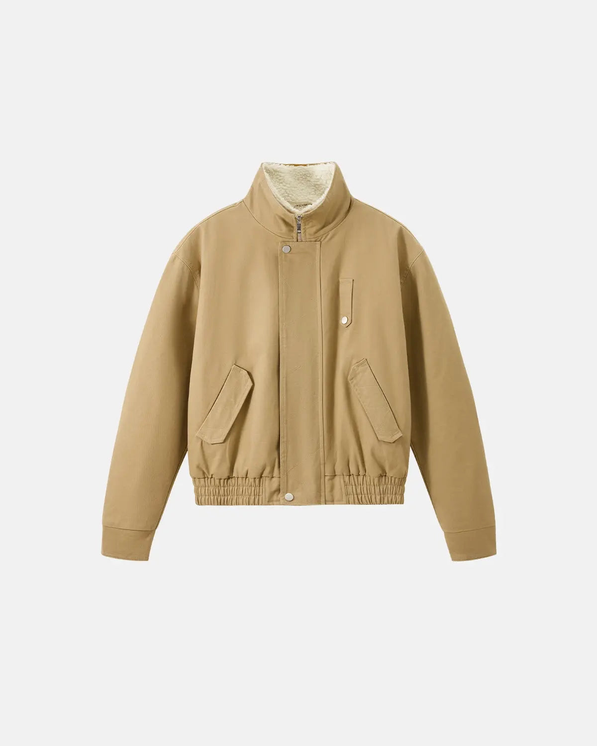 INFLATION faux shearling lining lambswool jacket showing cozy collar and textured exterior, streetwear style with warm shearling details.