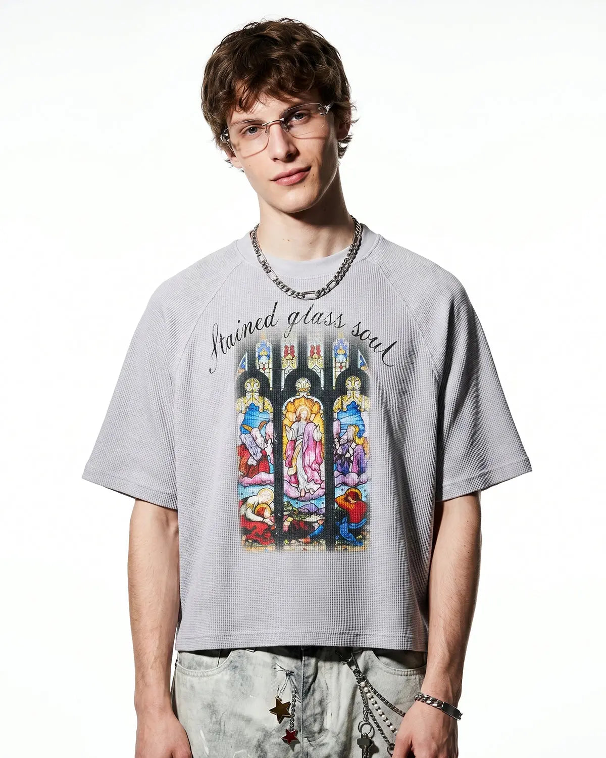Inflation Streetwear Washed Graphic Boxy Waffle T-Shirt, front view showing faded graphic design and textured waffle fabric.