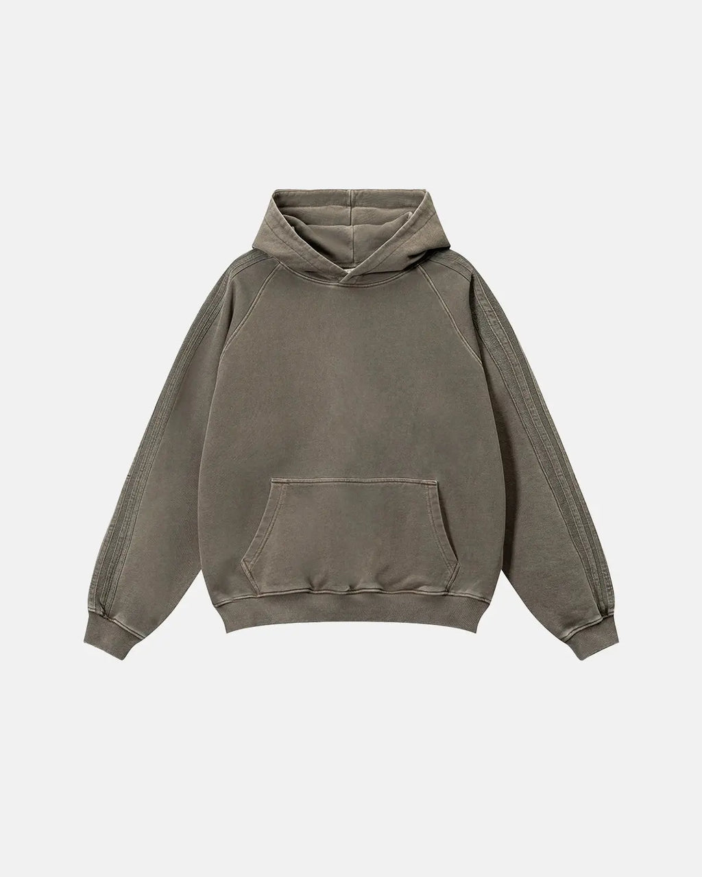Inflation Streetwear frayed seam acid wash hoodie with distressed details and casual fit, shown in a neutral color.