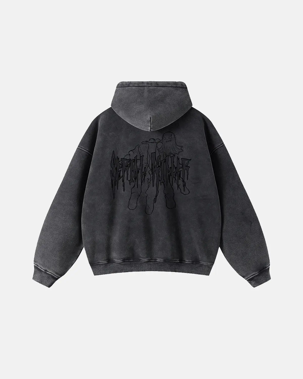 Gothic acid wash zip-up hoodie by INFLATION Streetwear featuring a distressed, dark wash fabric and front zipper closure.