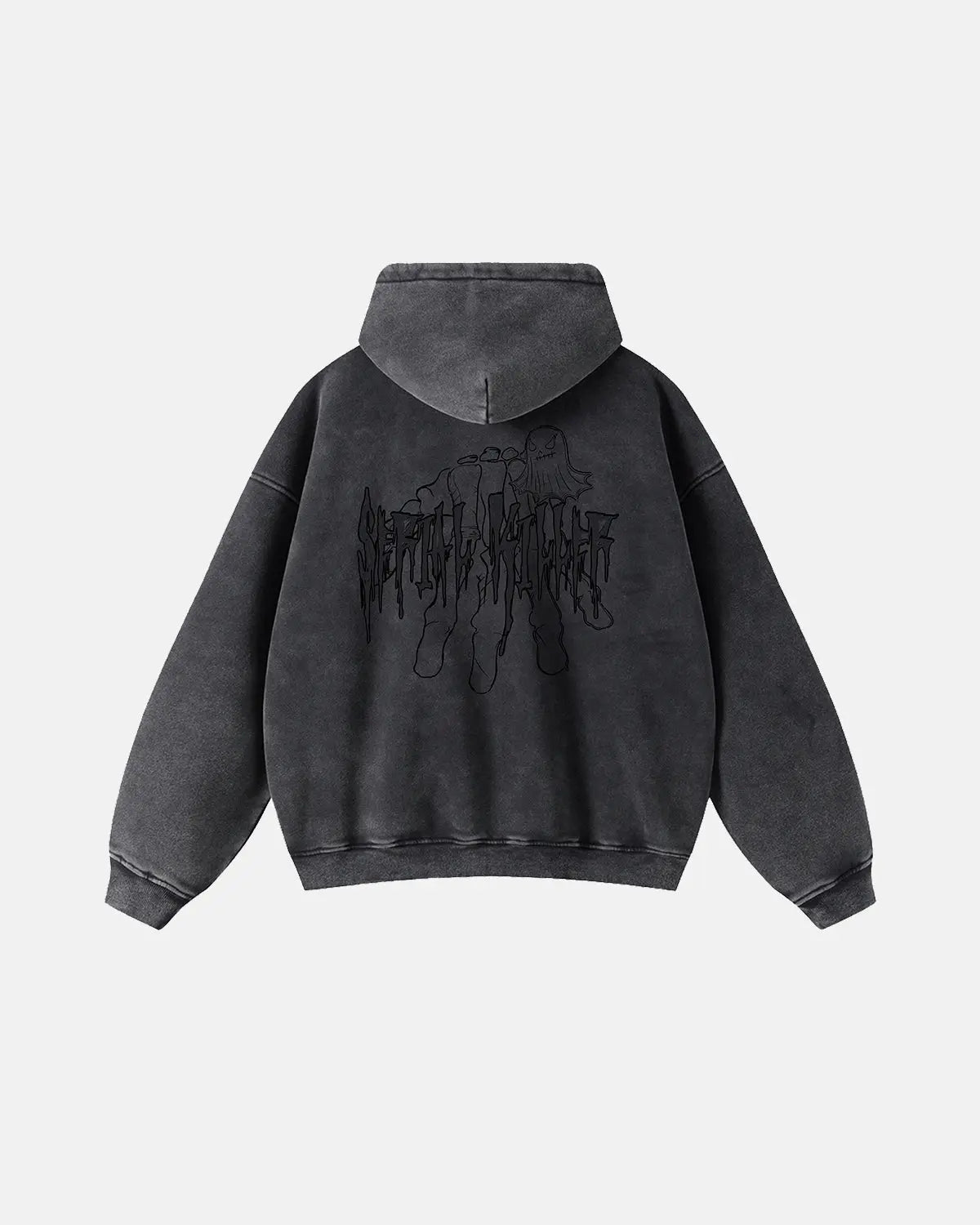 Gothic acid wash zip-up hoodie by INFLATION Streetwear featuring a distressed, dark wash fabric and front zipper closure.