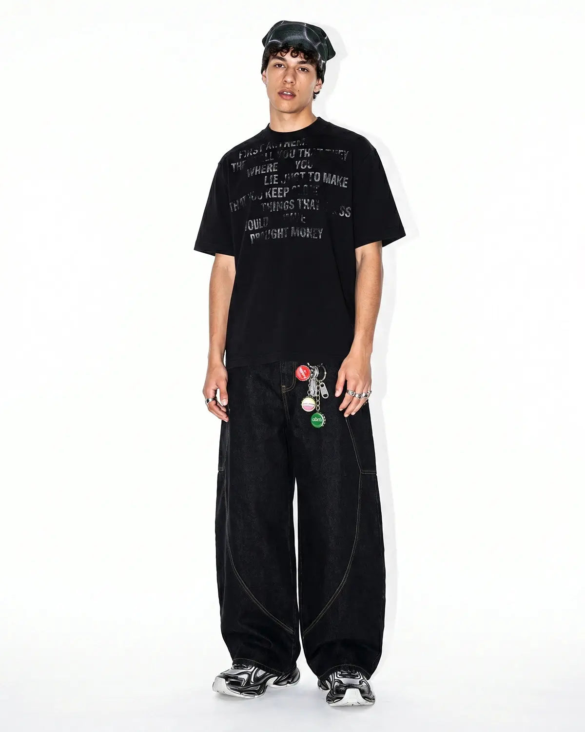 Inflation Streetwear mock neck distressed graphic T-shirt featuring bold print and casual fit, displayed on a mannequin.
