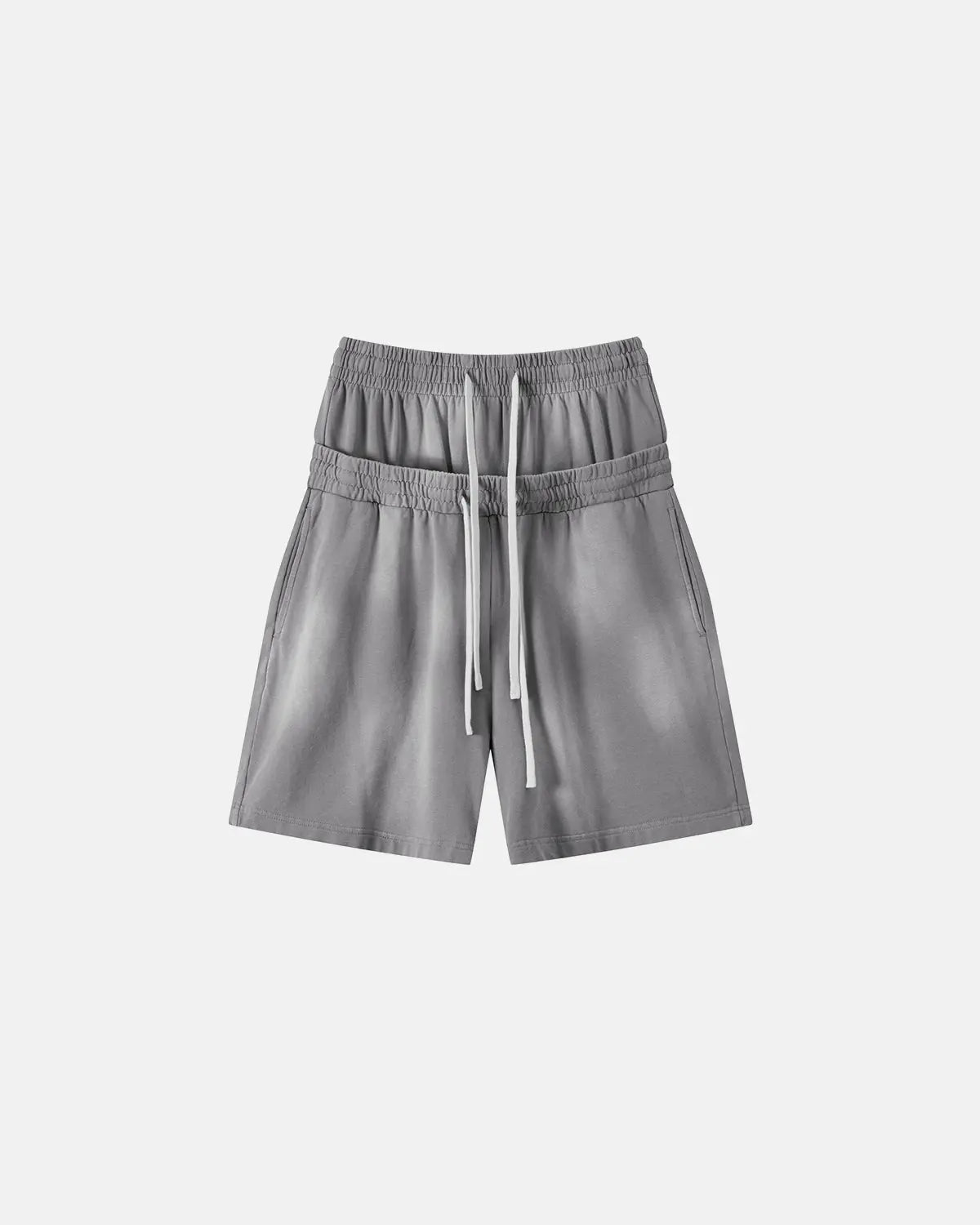Inflation Double Waist Monkey Wash Sweat Shorts, stylish streetwear shorts with a unique monkey wash design and double waistband detail.