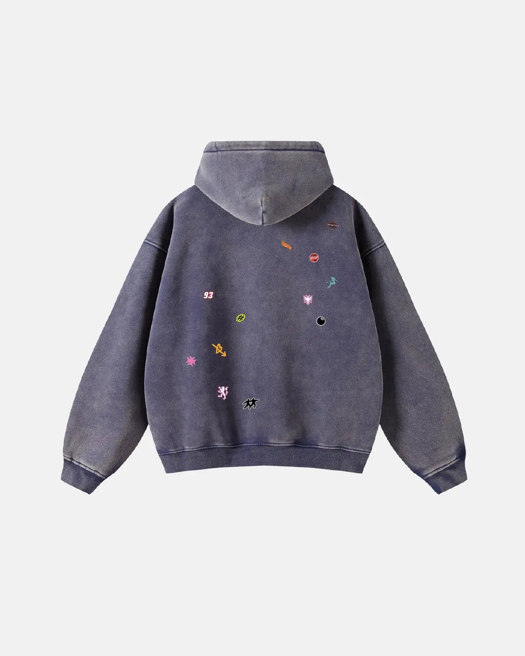 Distressed zip-up hoodie by INFLATION featuring funny stickers design on black fabric, casual streetwear style.