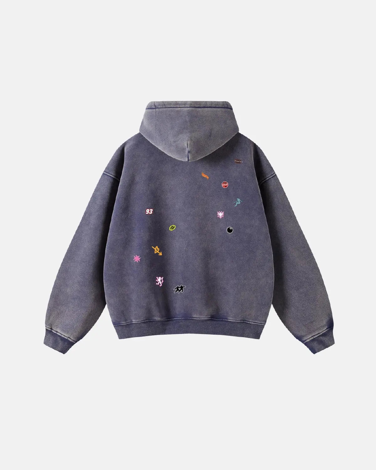 Distressed zip-up hoodie by INFLATION featuring funny stickers design on black fabric, casual streetwear style.