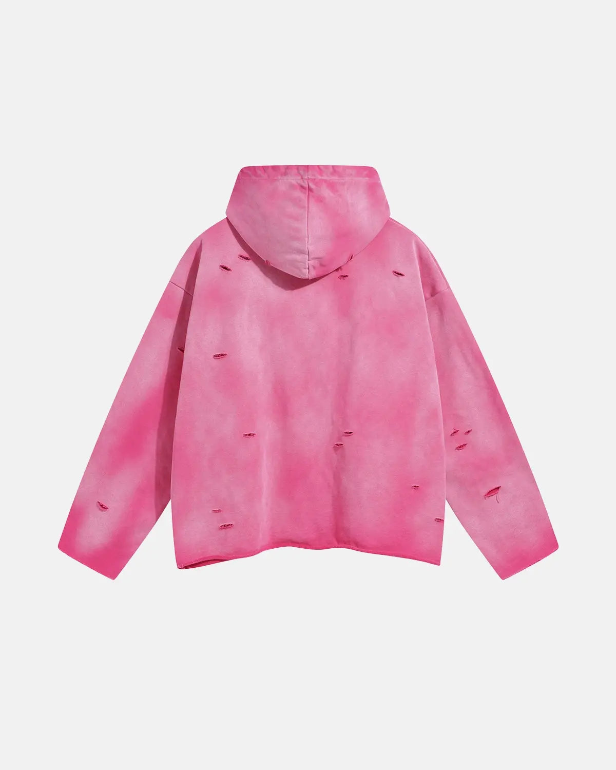Acid wash ripped boxy hoodie by INFLATION streetwear, featuring distressed details and a relaxed fit in a casual style.