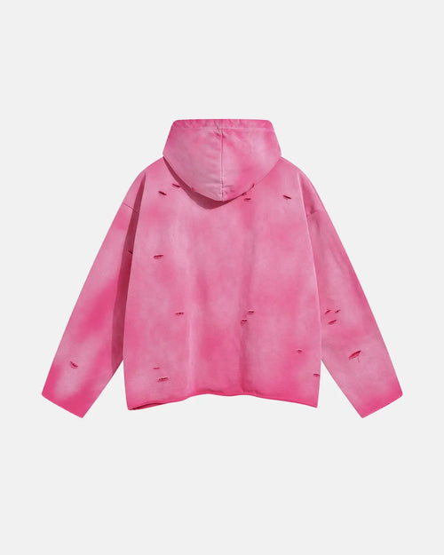 Acid wash ripped boxy hoodie by INFLATION streetwear, featuring distressed details and a relaxed fit in a casual style.