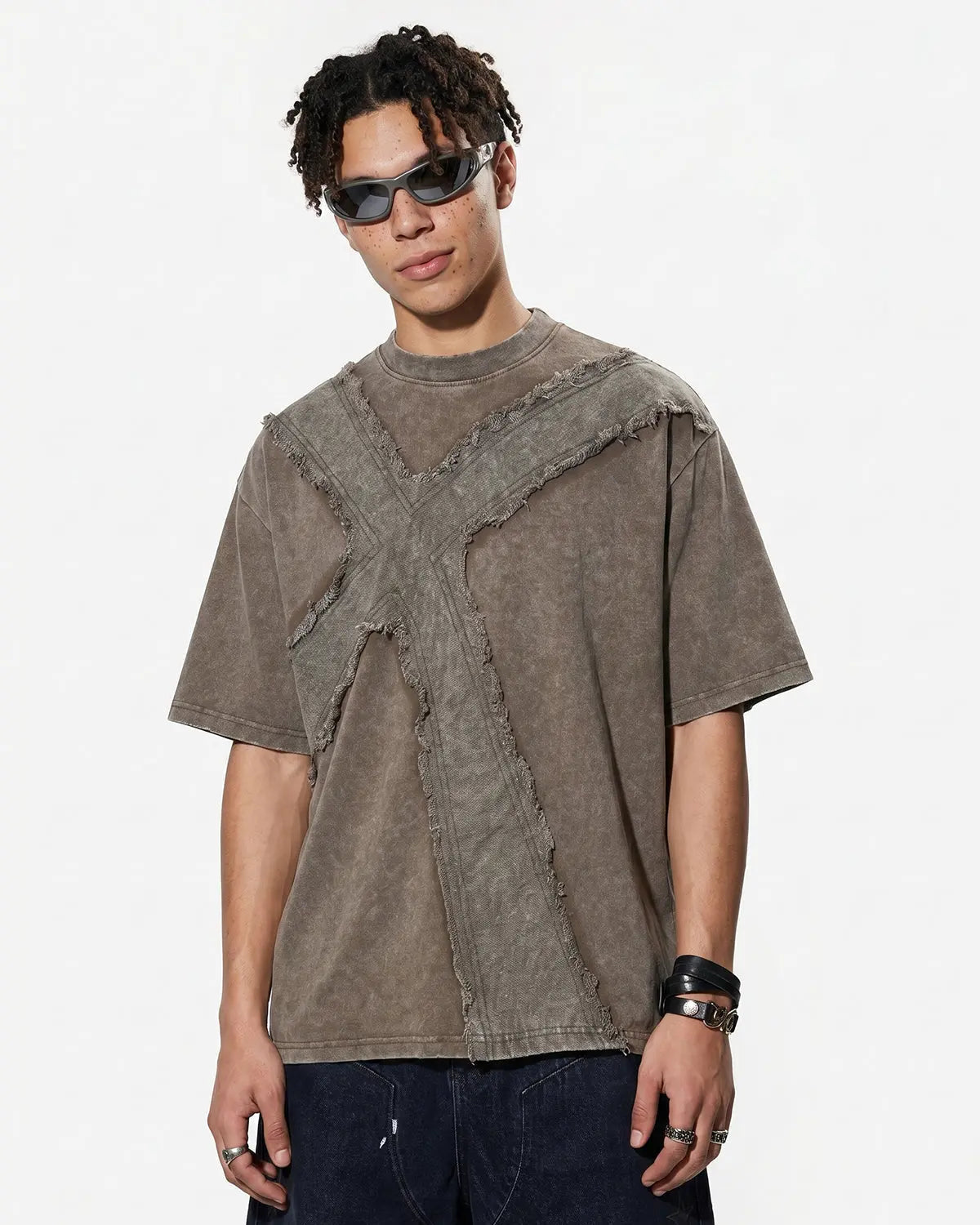 Deconstructed Cross washed T-shirt by INFLATION Streetwear featuring a distressed design and casual fit on a white background.
