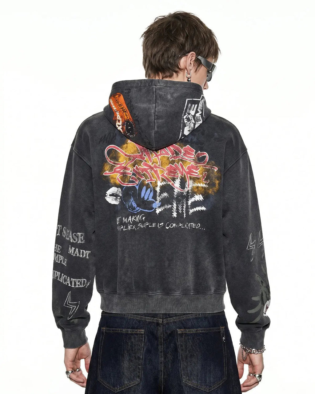 Inflation Streetwear Boxy Graffiti Zip Up Hoodie with bold graffiti design, front zipper, and relaxed fit, displayed on a hanger.