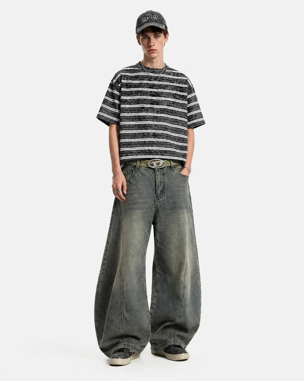 Vintage washed striped boxy T-shirt by INFLATION, featuring a relaxed fit and casual streetwear style, shown in the image.