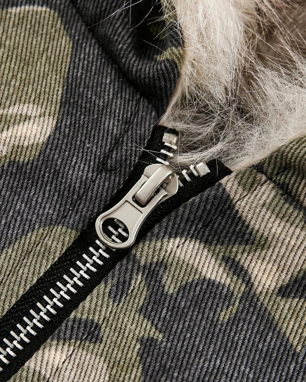Inflation camo faux fur padded hooded jacket with quilted design and front zipper, stylish streetwear outerwear for cold weather.